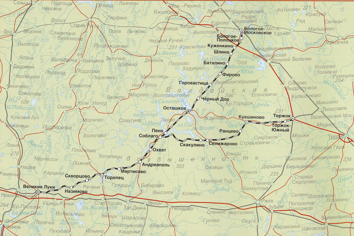 Карта-схема Бологое-Полоцкой линии с примыкающей в Соблаго веткой на Торжок, ОКТ ж.д. (участок Бологое-Великие Луки)