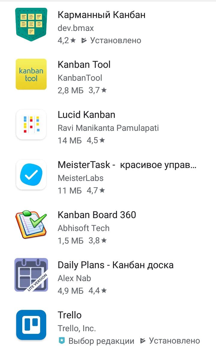 Список приложений по запросу Канбан в Play Маркет