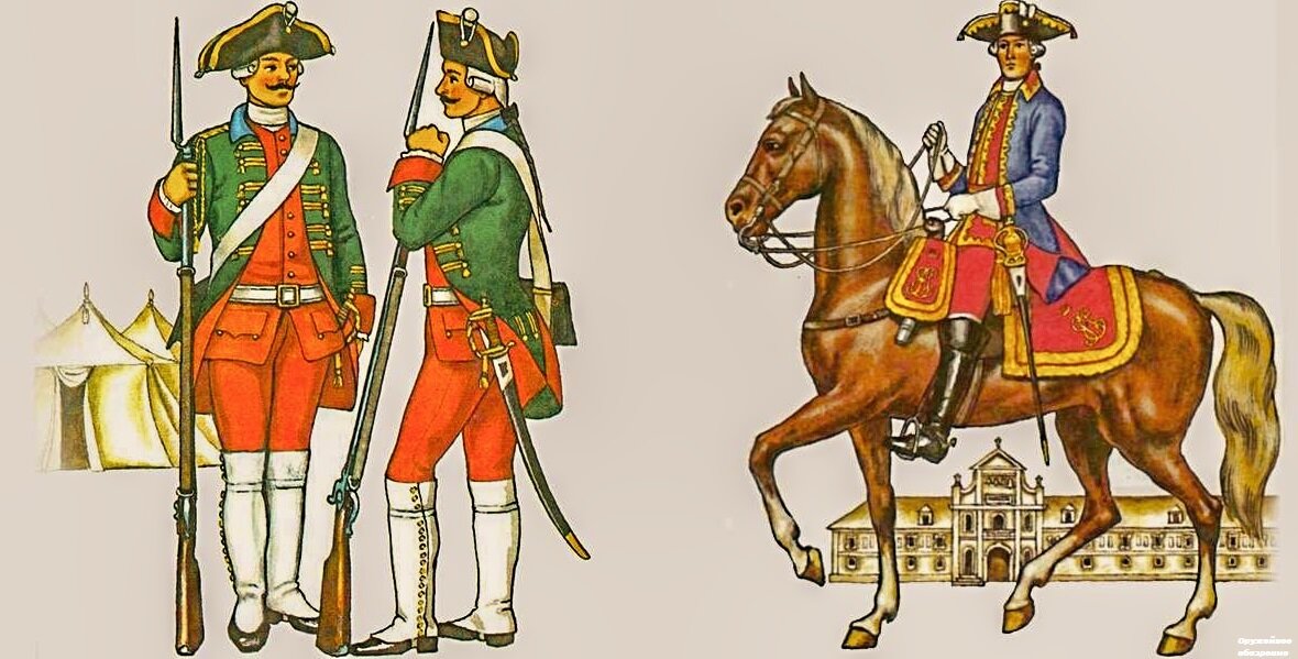 Слева изображены мушкетёры лейб-гвардии Семёновского полка, справа офицер Лейб-гвардии Конного полка XVIII века
