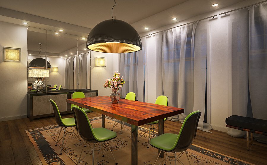 Существуют три категории разбивки освещения комнат: общее освещение, направленное и акцентированное или витринное освещение. Общее освещение предназначается для  любой из комнат хорошего общего уровня освещенности и для этого используются люстры, бра, настенные светильники с обычным или низким уровнем напряжения, большую эффективность и комфорт создадут осветительные приборы оснащенные системой регулировки яркости света.