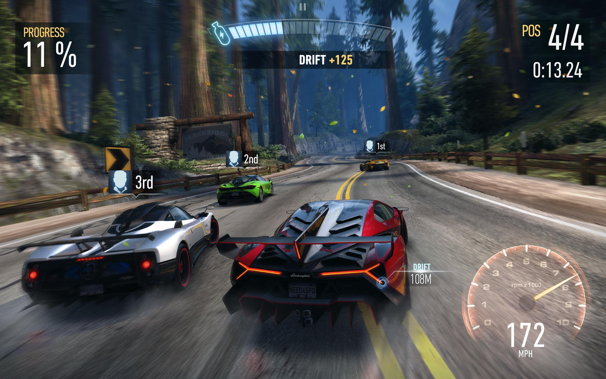 Скриншот из игры "Need For Sped No Limits", типичной игры, которая за красивой обложкой скрывает унылый, однообразный геймплей  и агрессивную монетизацию.