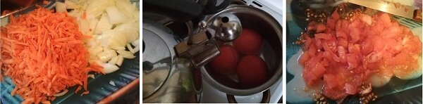 режем лук, морковь, снимаем кожуру с помидоров