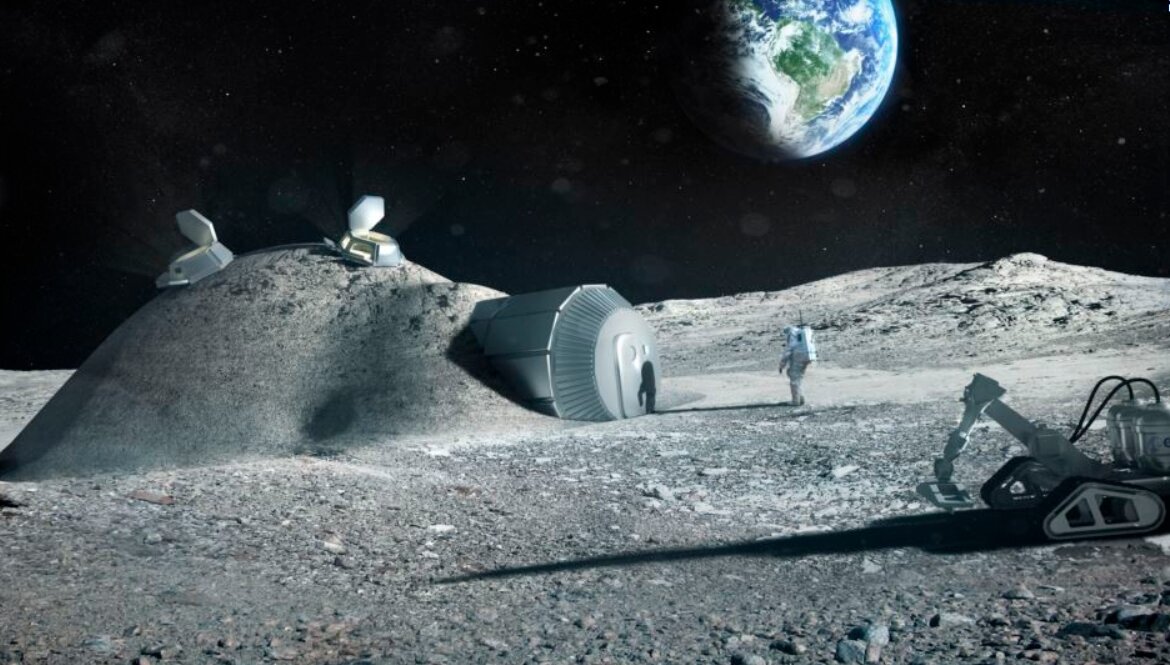 Эта иллюстрация, созданная Европейским космическим агентством (ESA), показывает, как можно создать будущую лунную базу со структурами, построенными с использованием технологии 3D-принтера