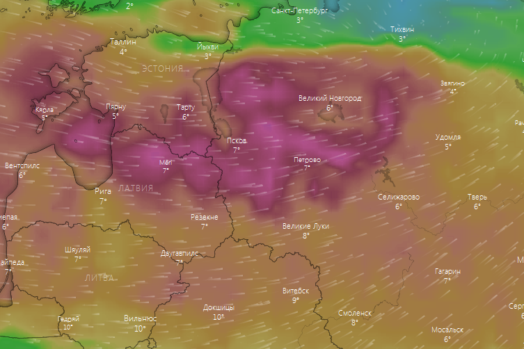 Порывы ветра по северо-западу и центру  России. Прогноз на 04-00 19 марта. Источник: windy.com