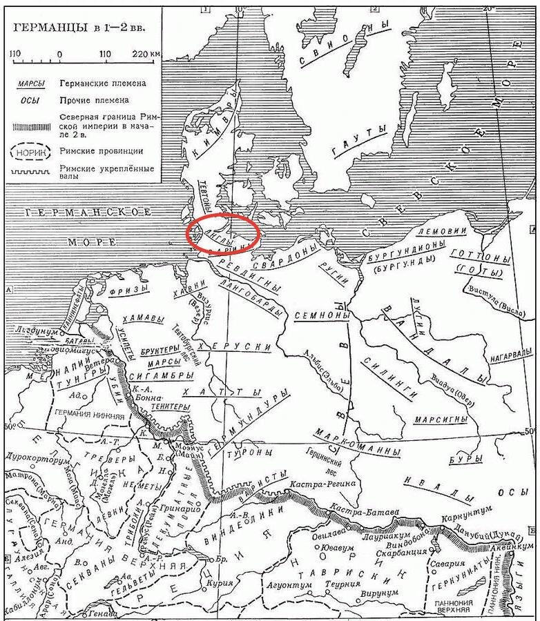 Германские племена в 1-2 веках. Обозначено место обитания англов. Источник: www.limarevvn.ru