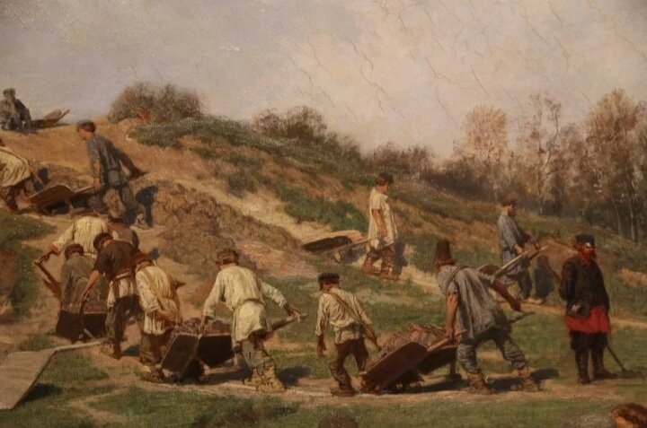 Работа крепостных под присмотром.