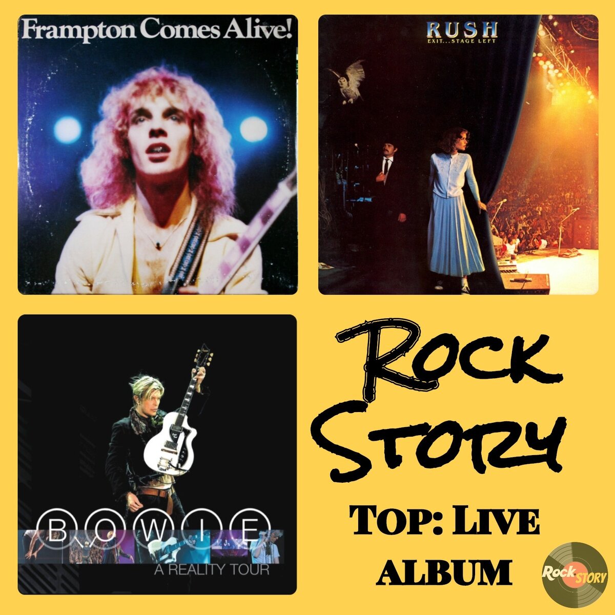 Обложка рубрики, на фото обложка альбома Exit ... Stage Left, Frampton Comes Alive  и A Reality Tour.