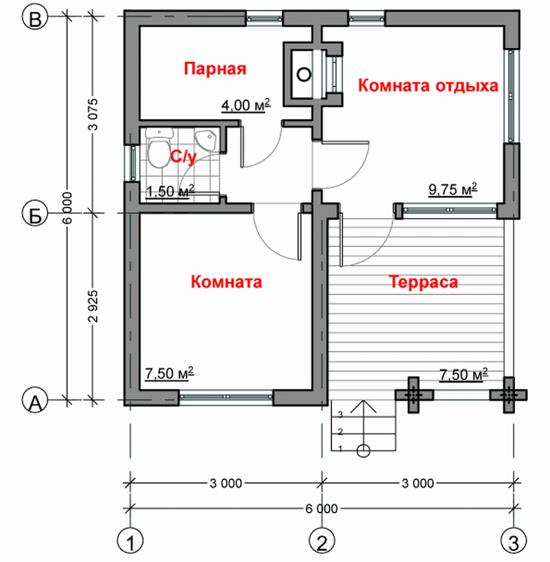 Проект бани из пеноблоков с комнатой отдыха