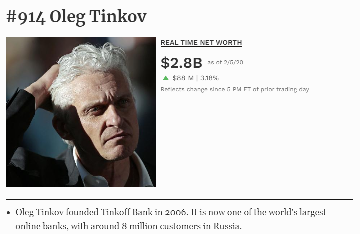 Тиньков занимает 914 место в списке Форбс по состоянию на 5 февраля 2020 года. Источник фото: forbes.com