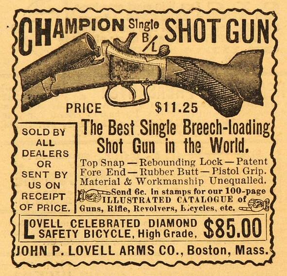 Это небольшая оригинальная реклама 1891 года на которой изображено однозарядное ружье Champion стоимостью $11