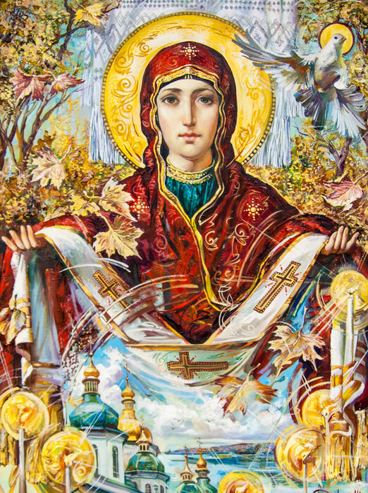 Александр Охапкин "Заступница и Берегиня. Покров Пресвятой Богородицы" картина в жанре домашней иконы.