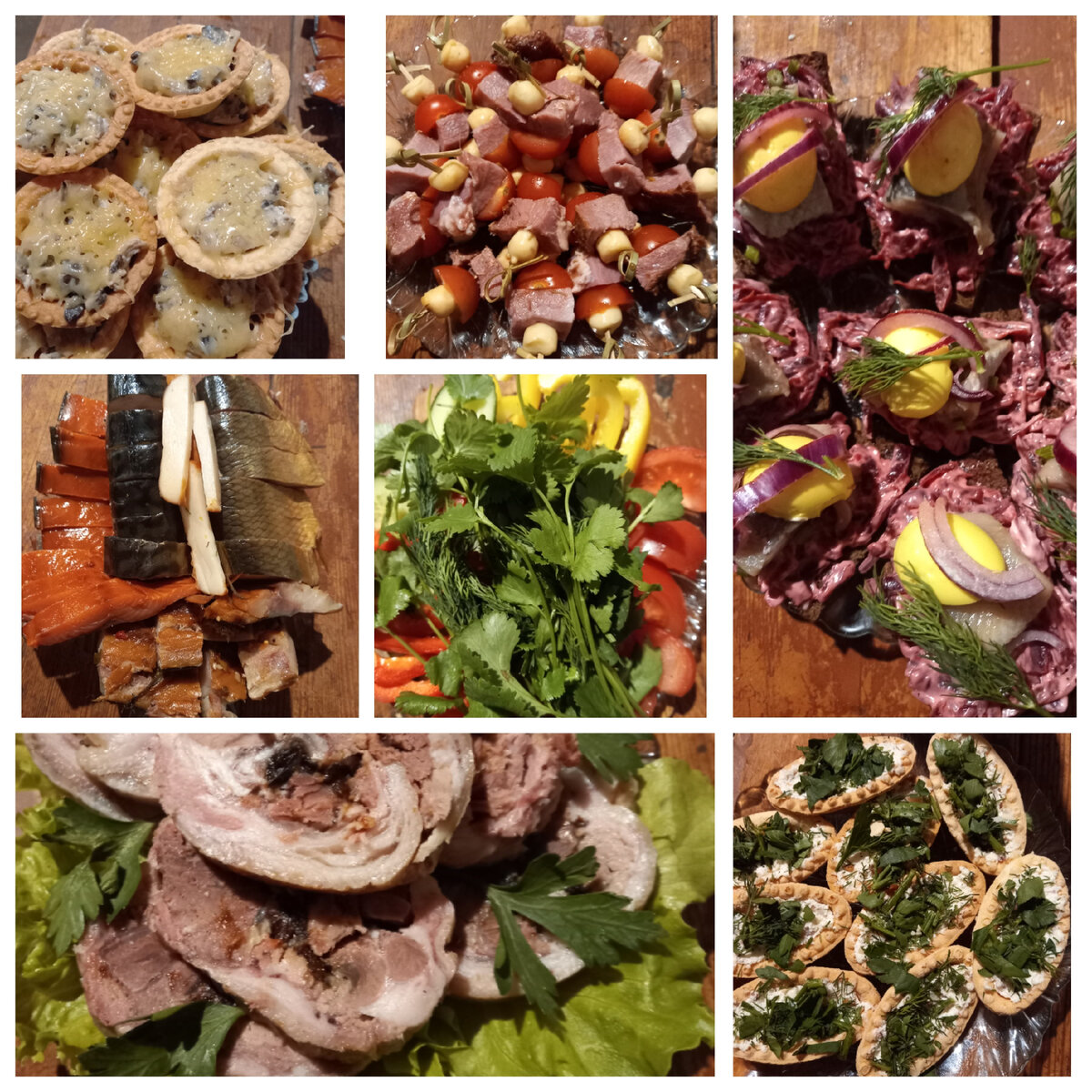 Рулет из рульки с черносливом, тарталетки с копчёным кальмаром, овощная,рыбная нарезки, жульен,  шпажки с копчёным гусём