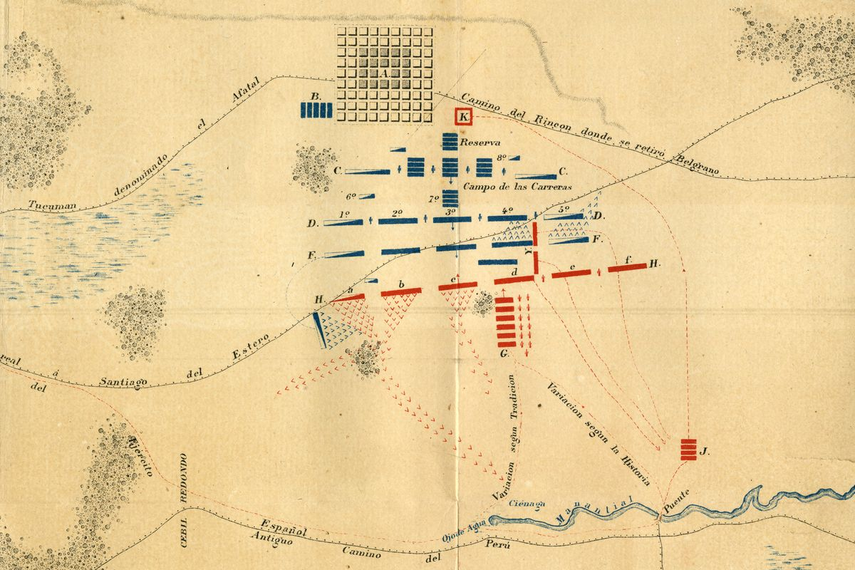 Карта сражения при Тукумане, синие - патриоты, красные - роялисты. Карта ориентирована с востока на запад