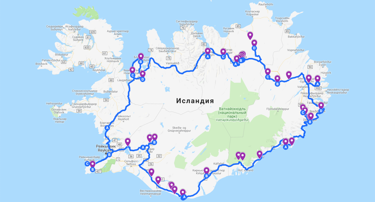 Карта исландии с достопримечательностями