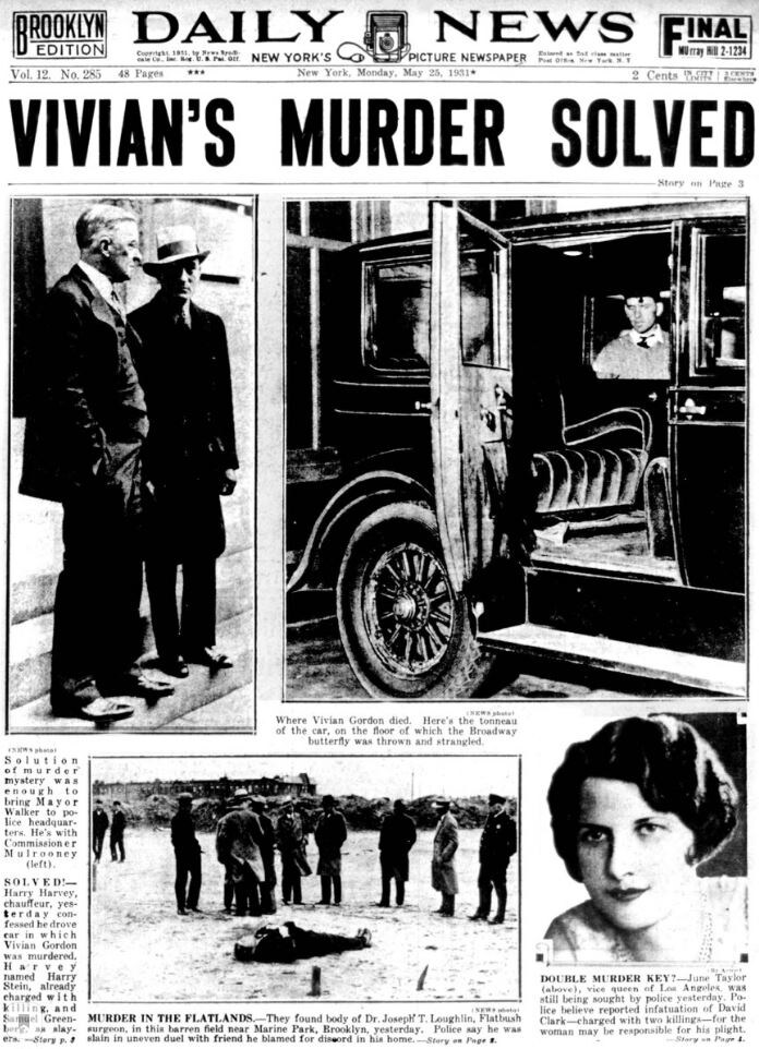 Первая страница "Нью-Йорк дейли ньюс" от 25 мая 1931 года, посвященная раскрытому убийству Вивиан Гордон. NY Daily News Archive / Getty Images.