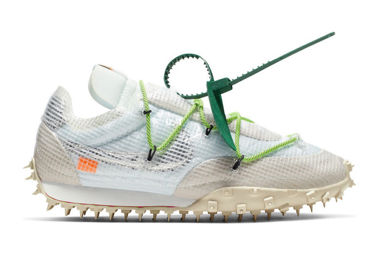 Off-White x Nike Waffle Racer Electric Green, внешняя часть.