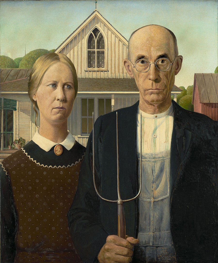 Идеальный портрет российского учителя. Grant Wood, American Gothic, 1930, Oil on beaverboard, 78 cm × 65.3 cm. Находится в музее Art Institute of Chicago 