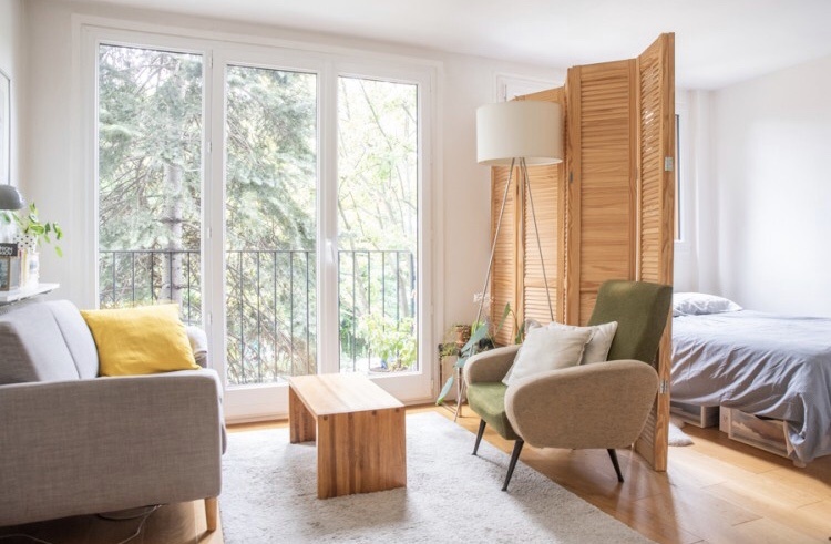 Комната разделена на две зоны: гостиная и спальня