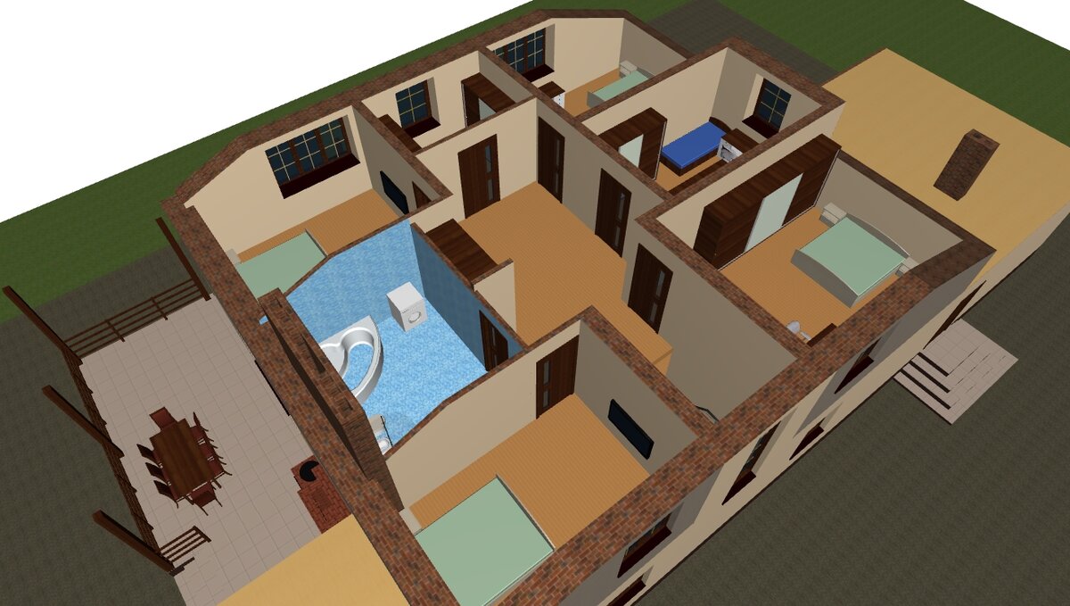 Проект двухэтажного дома 14х14 м.: 5 спален, пристроеная баня и огромная терраса