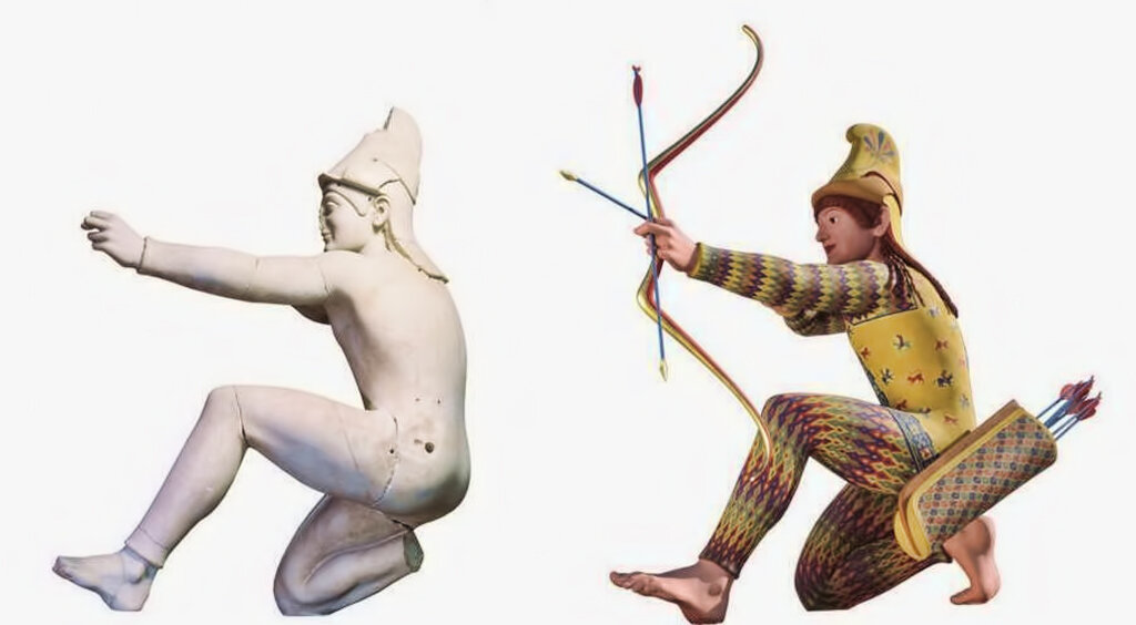 Эта реконструкция выполнена из синтетического мрамора с натуральными пигментами. Анализ оригинальной статуи выявил сложные узоры на одежде лучника. Glyptothek München / Smithsonian / Liebieghaus Skulpturensammlung