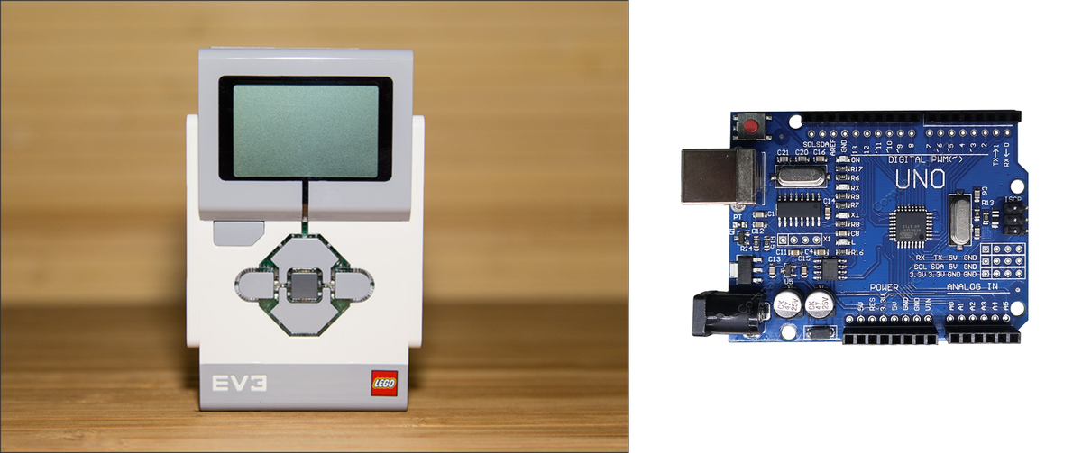 Для сравнения: программный блок Lego Mindstorms и рисунок программного блока Arduino (справа) с открытыми микроэлектронными элементами