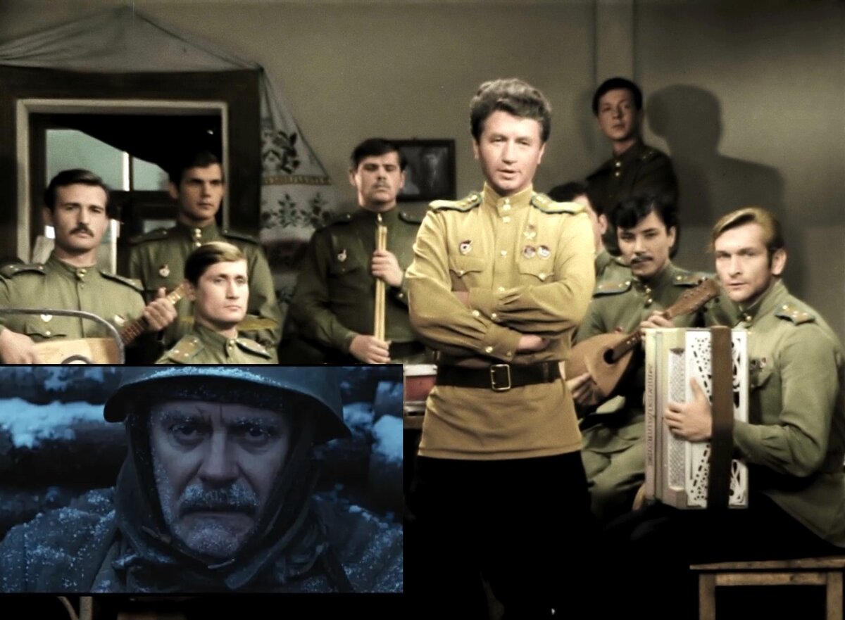 Коллаж  кадров из фильма Быкова "В бой идут одни старики" и фильма Михалкова "Предстояние"