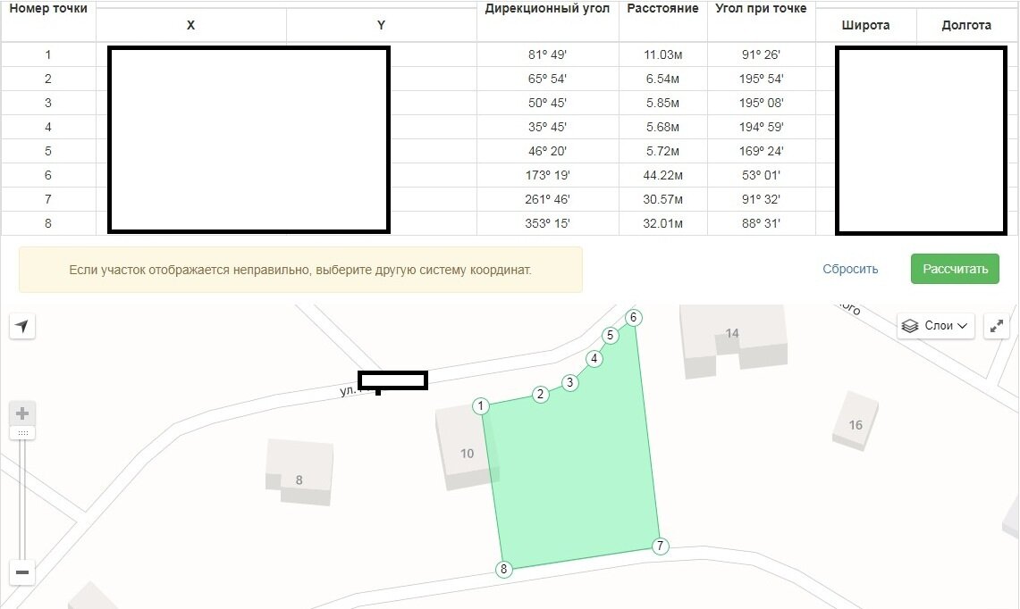 Скрин с сервиса перевода координатных точек участка в расстояние между ними.