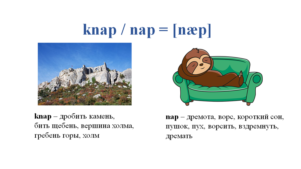knap / nap = [næp] (Коллаж из картинок-векторов с сайта pixabay)
