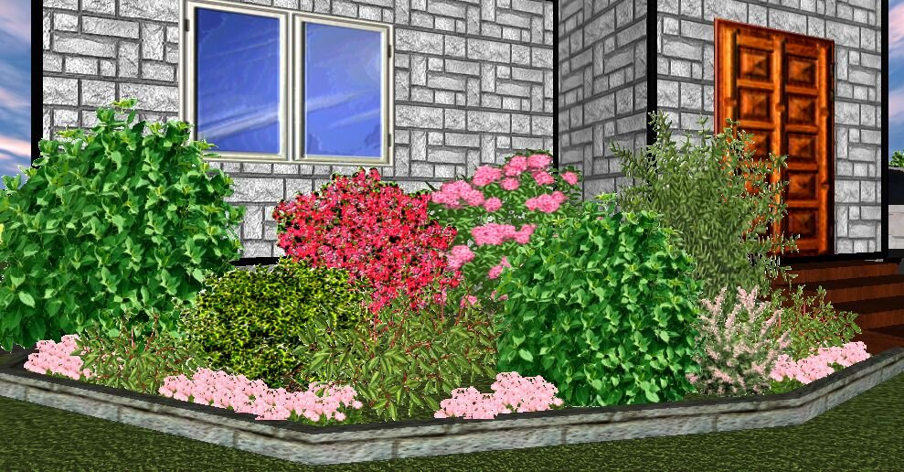 Клумба у дома в июне