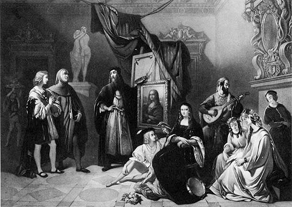 "Студия Леонардо да Винчи" на гравюре 1845 года: Джоконду развлекают шуты и музыканты. Фото: Википедия. 