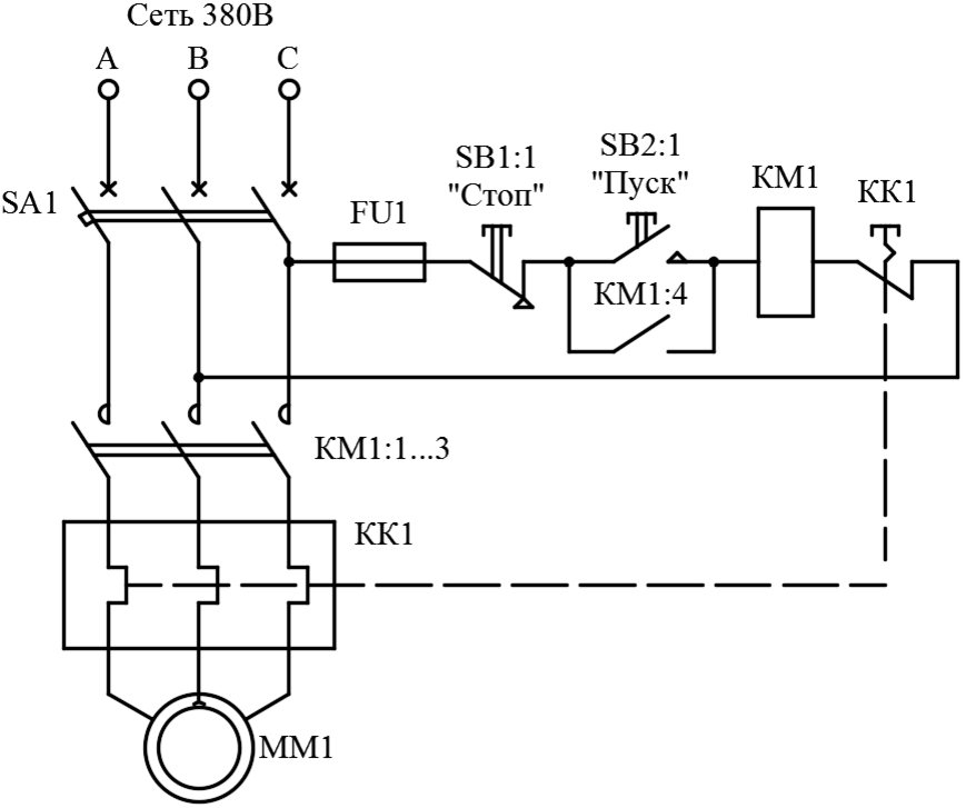 Схема пуска. Схема включения асинхронного двигателя через магнитный пускатель 220в. Схема подключения трехфазного двигателя через контактор. Схема прямого пуска электродвигателя 380. Схема подключения магнитного пускателя на 380.