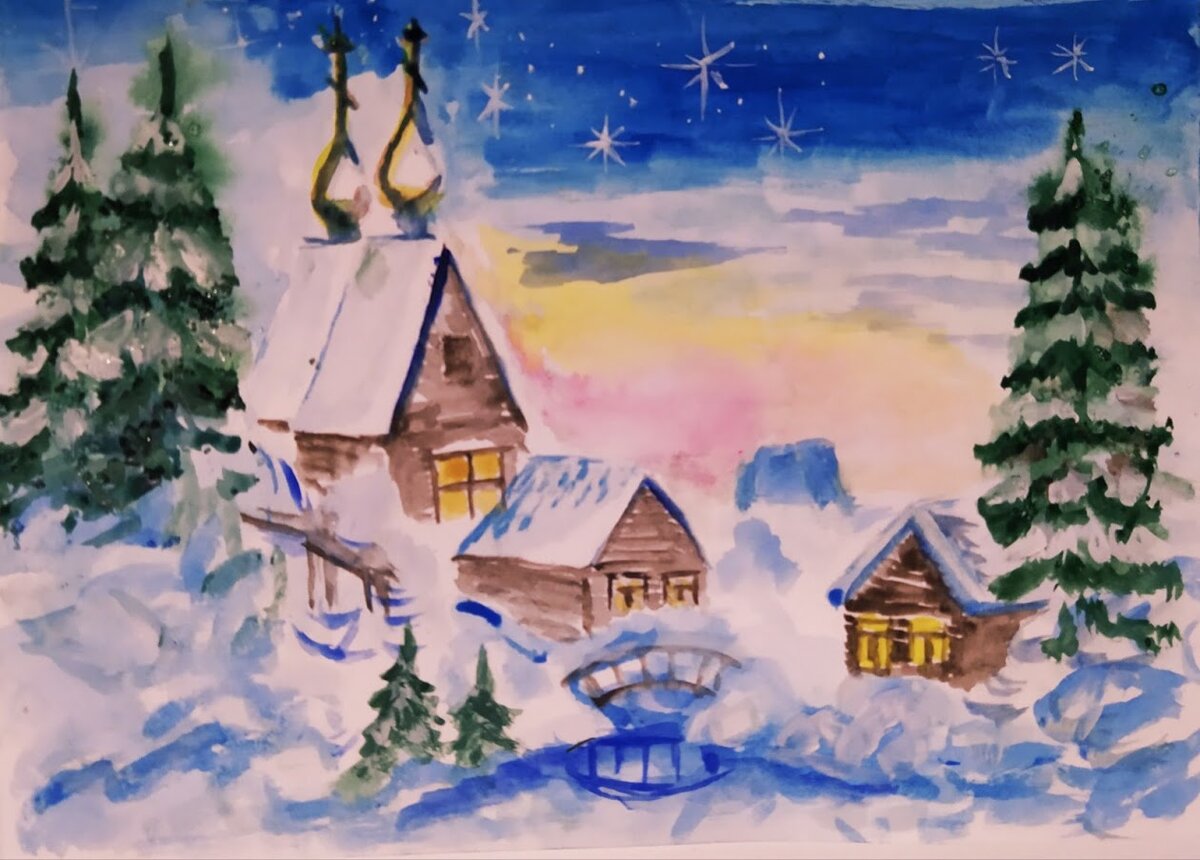 Рождественская ночь. Акварель.
