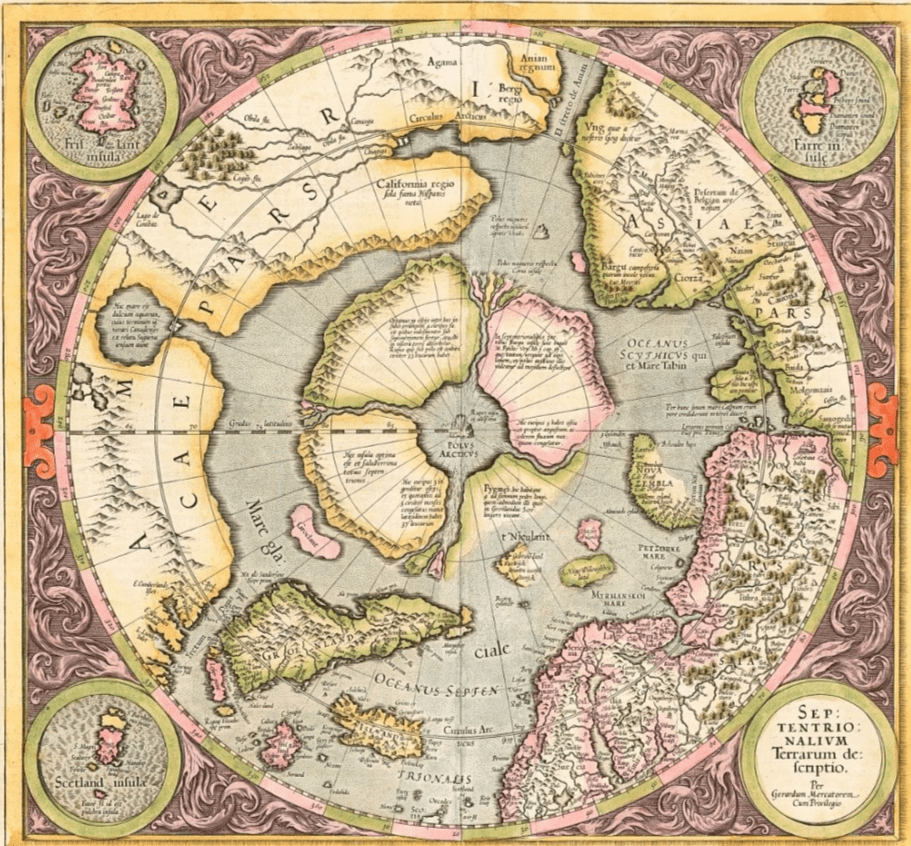 Арктида на карте Меркатора 1595 г. В центре Вращающегося Озера парящий Храм Странствия