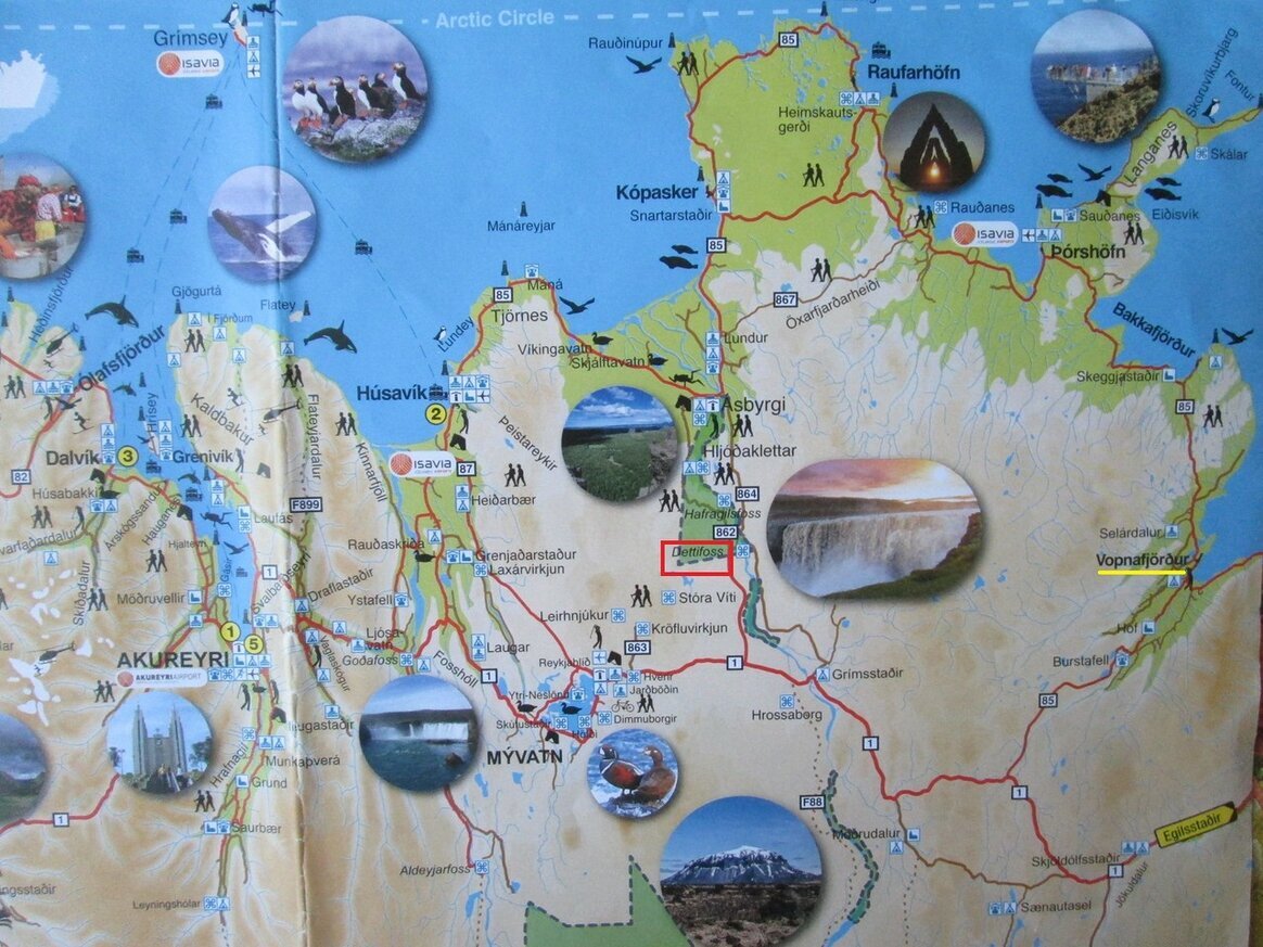 Исландия. Карта: город  Vopnafjordur - водопад Dettifoss