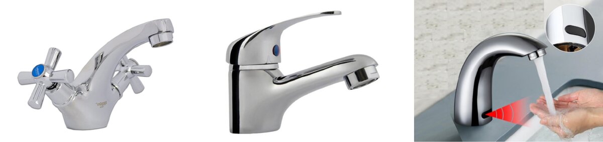 Двухвентильный, однорычажный и сенсорный смесители.