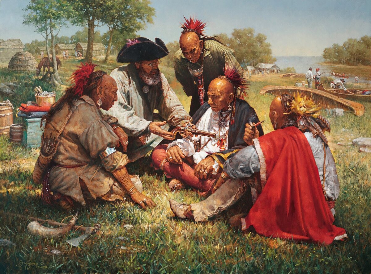 XVIII век, коренные американцы и белый торговец. Иллюстратор: Robert Griffing