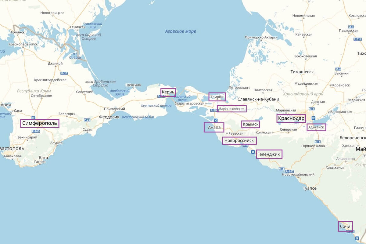 Карта крыма и краснодарского края побережье черного моря