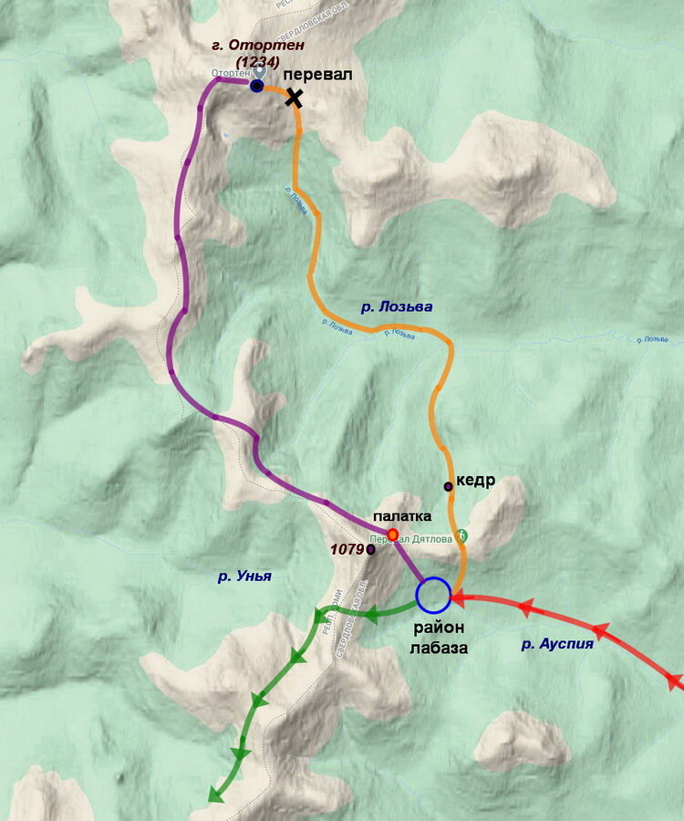 Красная линия - подход группы по р. Ауспии к району лабаза и ночевки 31 января, зеленая - планируемый переход в верховья р. Унья. Желтая и фиолетовые линии - возможные маршруты из района лабаза к Отортену и обратно. Схема автора.
