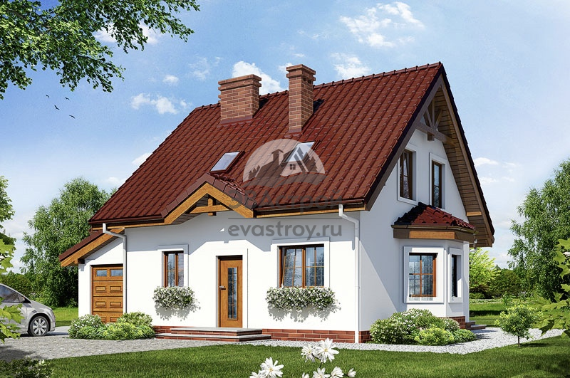 Проект мансардного дома 122 м2 из керамоблоков с одноместным гаражом и террасой - LG-23 