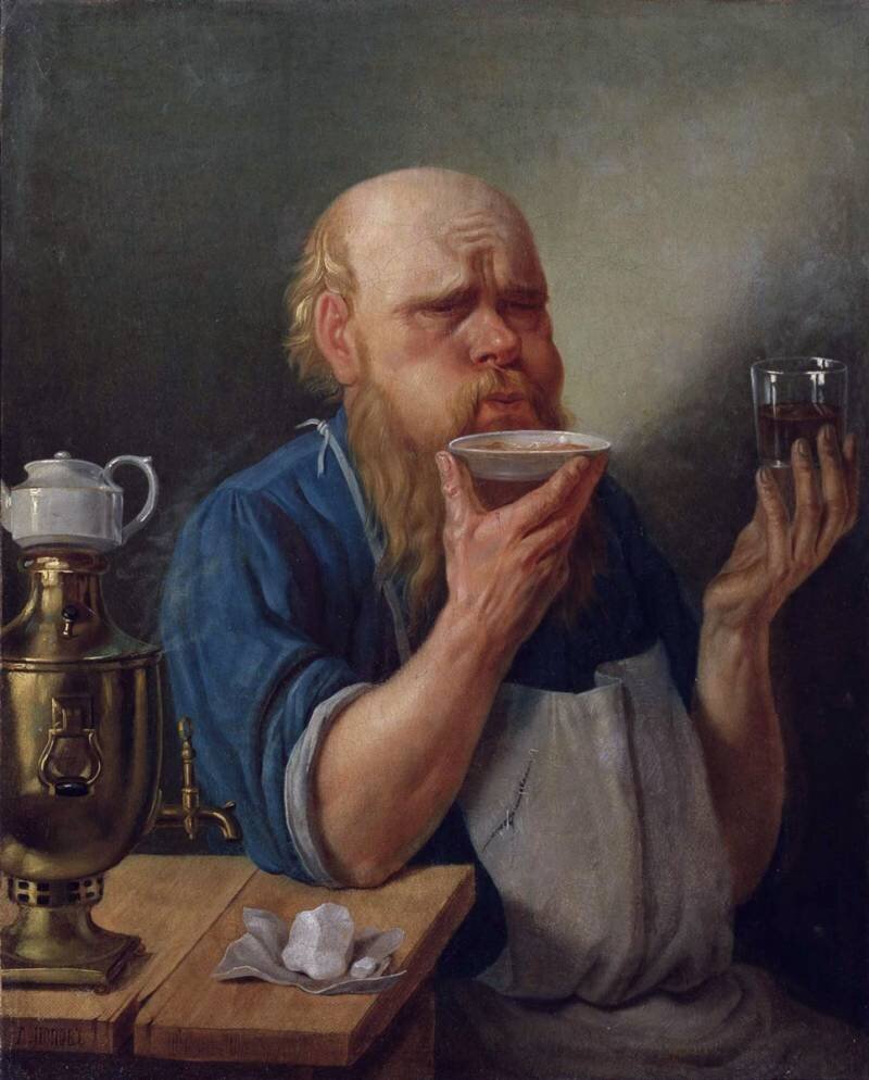 «Мастеровой за чаепитием». Картина работы А. А. Попова, 1865