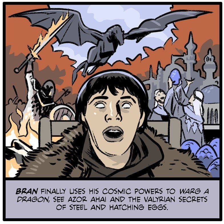 Бран использует свои силы, чтобы вселиться в дракона, видит Азор Ахая, узнает секреты валирийской стали и яиц драконов