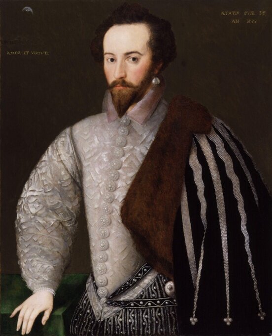Сэр Уолтер Рэли, неизвестный художник (монограммист H), 1580-е. Из коллекции Национальной портретной галереи (Лондон).
