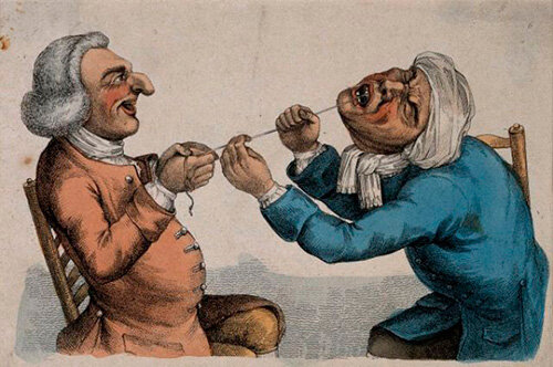 До 18 века не было настоящих стоматологов. Жизнь с гнилыми, разрушенными зубами была частью повседневной жизни.