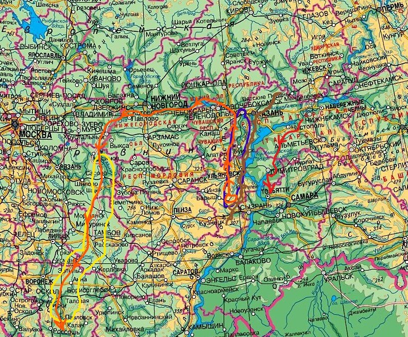 На карте современная река Волга и Свияга
