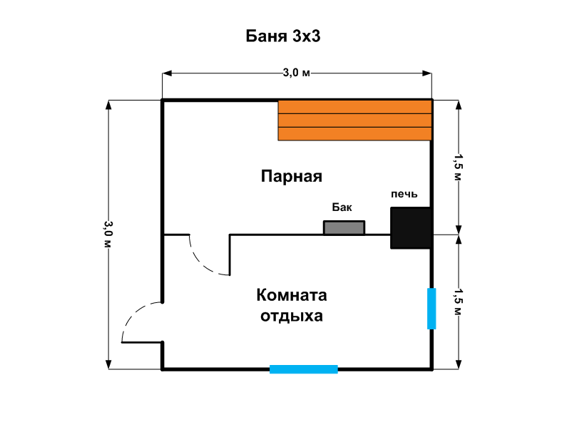 Баня 3х3 м 150x150 мм. из профилированного бруса