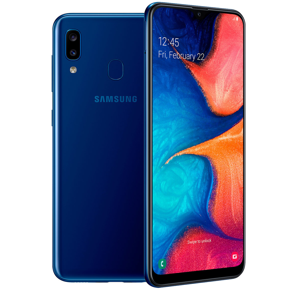 Samsung Galaxy A20 в синей расцветке. Всего 3 расцветки: синий, черный и красный