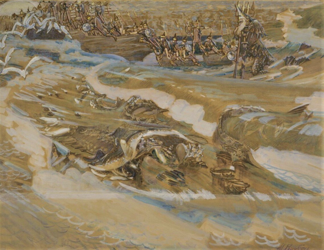 М. А. Врубель. "Сказка о царе Салтане". Тридцать три богатыря. Россия, 1901 г. Бумага,акварель,гуашь,уголь,тушь,бронз.,серебр. краска 