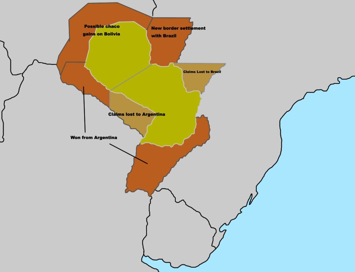 "Программа-минимум" территориальных приращений для Парагвая по итогам в войны (в варианте, когда против него выступают и Бразилия, и Аргентина): захват относительно небольших фрагментов территории - и выход к морю через Уругвай.
