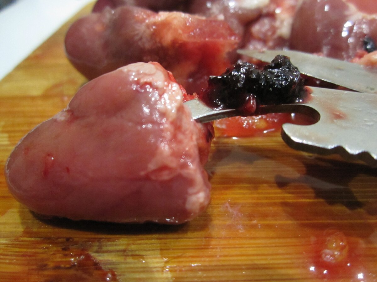 Процесс подготовки куриных сердечек на стадии обработки (фото автора).