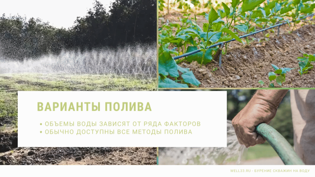 При добыче подземных вод можно организовать любой из вариантов полива участка за счет большого дебета и стабильности водоснабжения